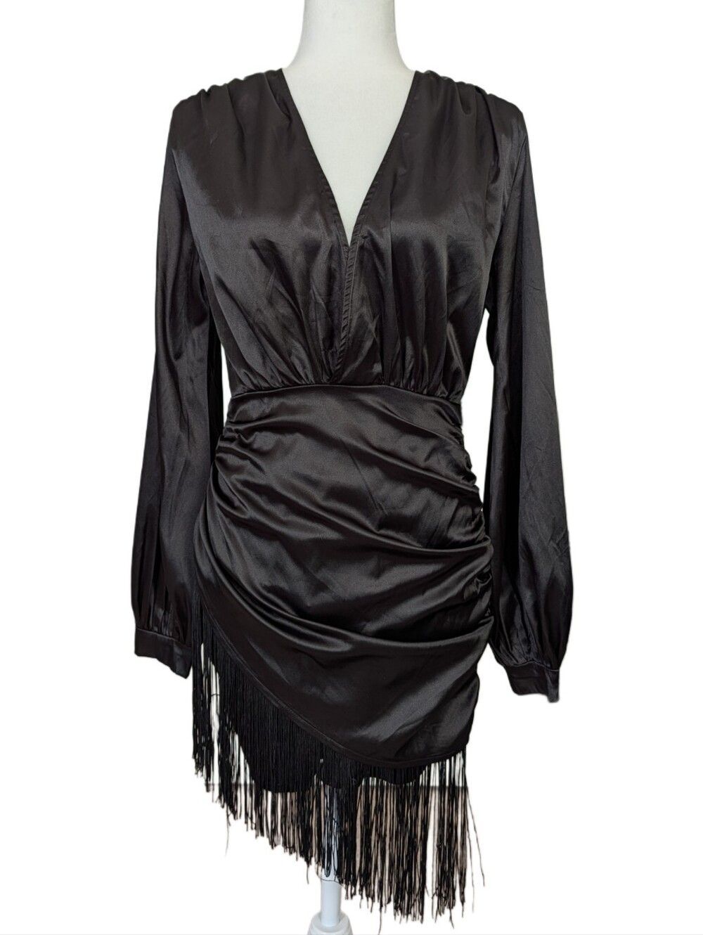 PrettyLittleThing Womens Black Satin Fringe Long Sleeve V Neck Mini Dress Size 4
